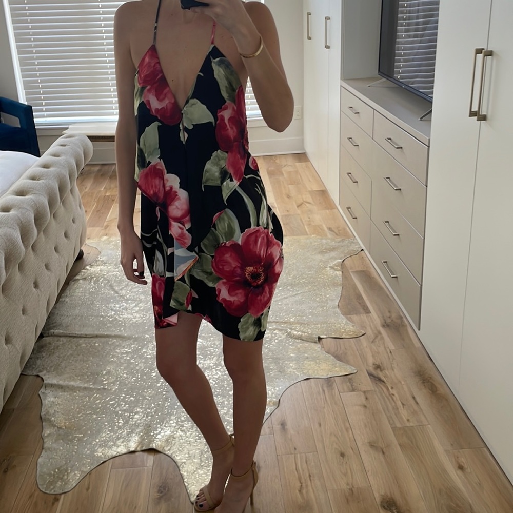 Hello Molly Monaco Black Red Floral Flower Slouch Back Dress S